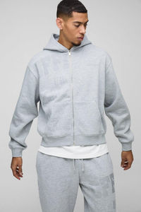 Ensemble de survêtement gris à capuche pour homme, sweat-shirt zippé et pantalon de jogging, couleur unie, coupe décontractée ample, 100 % coton, idéal pour l'automne - Product Image 2