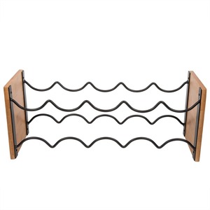 Porte-bouteilles de table en bois d'acacia et fil métallique noir, style industriel moderne, rustique et minimaliste, pour 6 bouteilles - Product Image 1