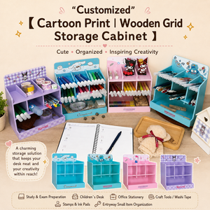 Cartoon Print Wooden Grid Three-Layer Rectangle Desk Organizer <b>Storage</b> Cabinet Multi Compartment Stationery Holder for Study - Product Image 1