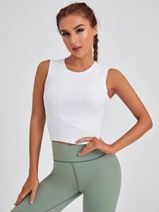 Débardeur court décontracté sans manches à col rond pour femme, couleur unie, tricoté, respirant, avec logo frontal, idéal pour la gym - Product Image 1