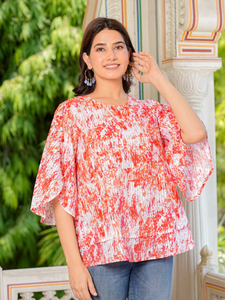 Haut pour femme en coton orange imprimé tie-dye, coupe droite longueur taille, avec manches cloche et col rond, style décontracté mondial - Product Image 5