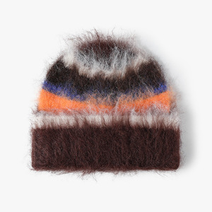 Custom <b>Fluffy</b> Mohair Beanie Soft Gradient Striped <b>Cuff</b> Hat Fashionable Warm Manufacturers Caps for Beach UsePink Blue Striped - Product Image 3
