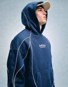 ONETEN APPARELS <b>Mens</b> Navy Oversized <b>Hoodie</b> Contrast Stitching Embroidered French Terry Pullover Sweatshirt Anti-Pilling Acid - Product Image 5