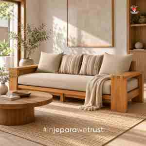 Sofá Japonés Japandi de Madera de Teca Maciza para Exteriores con Cojín, Muebles Retro Minimalistas para Jardín, Patio o Villa - Product Image 1