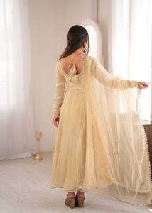 ชุดอานาร์กาลีผ้าทิชชูสีทองแชมเปญสุดหรู พร้อมงานปักที่คอเสื้ออย่างสง่างาม เหมาะสำหรับงานแต่งงานแบบอินเดีย ชุดเดรสทรงบานสำหรับงานปาร์ตี้ ชุดเดรสสไตล์ปากีสถาน - Product Image 4