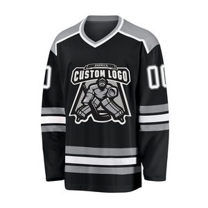 Custom Logo <b>Men's</b> <b>Black</b> Ice Hockey Jersey V-Neck Full Sleeve Sublimated Print Breathable Polyester Mesh Apparel - Product Image 1