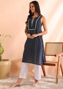Kurti court en coton cambre d'été, style Kantha, sans manches, col en V, coupe classique, élégant, ethnique, pour femme, décontracté, séchage rapide, protection solaire - Product Image 3