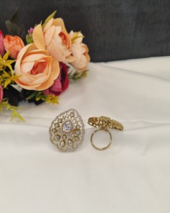 Wedding Wear Luxury Tear Drop Kundan GemStone Adjustable <b>Statement</b> <b>Ring</b> Ethnic Receptions Party Wear <b>Rings</b> Jewellery Wholesaler - Product Image 2
