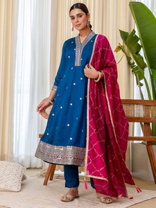 Blue Silk Blend Salwar Kameez with Pink Dupatta Embroidered Traditional Indian Wear for Women <b>Ankle</b>-Length Regular Fit Anarkali - Product Image 1
