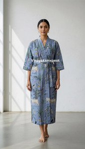 ชุดกิโมโนผ้าฝ้ายพิมพ์ลายบล็อกสีน้ำเงินลายซาฟารีป่าดงดิบสำหรับผู้หญิง งานฝีมือแบบดั้งเดิม เป็นมิตรกับสิ่งแวดล้อม ระบายอากาศได้ดี เหมาะสำหรับฤดูร้อน แขนยาว - Product Image 5