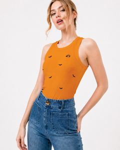 Wholesale Women Pumpkin Orange Bat Print Ribbed Tank Top Sleeveless Casual Vest Washed Summer Boutique Women's Shirts Supplier - Product Image 5