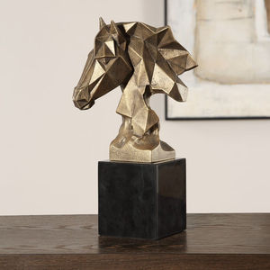 Offre Spéciale : Sculpture Moderne en Aluminium Tête de Cheval Géométrique, Base Noire, Statue d'Animal Sauvage, Figurine de Table Dorée Faite à la Main pour Salon - Product Image 2