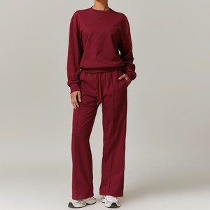 Conjunto Deportivo para Mujer Color Granate, Cuello Redondo, Manga Larga, Color Sólido, Pantalones Holgados con Cordón, Ropa Casual de Otoño, Cómoda y Duradera - Product Image 1