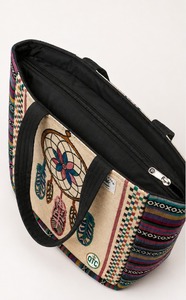 Lady's Embroidered Geometric Pattern Cotton <b>Canvas</b> Tote <b>Bag</b> Satin Lining Zipper Closure Shoulder Strap <b>Large</b> Capacity for Travel - Product Image 4