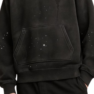 เสื้อฮู้ดผู้ชายสั่งทำขายส่งแบบโอเวอร์ไซส์สีดำทำสีซีดสไตล์วินเทจ ผ้าฟลีซคอตตอน แต่งลายสาดสีและลายเรียบสไตล์สตรีทแวร์ - Product Image 5