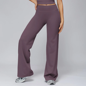 Pantalon de yoga et de fitness pour femme, sans couture, taille mi-haute, très élastique, uni, en Spandex/Nylon respirant, coupe évasée, grande taille - Product Image 4