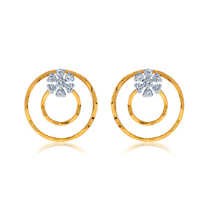 Atractivos Pendientes de Oro Amarillo de 18K con Diseño de Círculos Dobles y Flores, con Diamantes Cultivados en Laboratorio de Corte Redondo, Joyería Fina y Elegante - Product Image 1