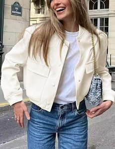 Women's Solid Color Varsity <b>Jacket</b> Full Sleeve Stand Collar <b>Patch</b> Pocket Short Length Autumn Wear - Product Image 5