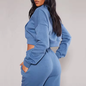 Women Blue Cotton <b>Tracksuit</b> Set Full Length Sweatpants Zipper Hoodie Casual Regular Printed Lightweight Autumn Solid Color - Product Image 4