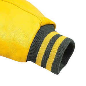 Veste universitaire verte et jaune avec manches en cuir PU, col rabattu, coupe décontractée, fermeture boutonnée, idéale pour l'automne - Product Image 4