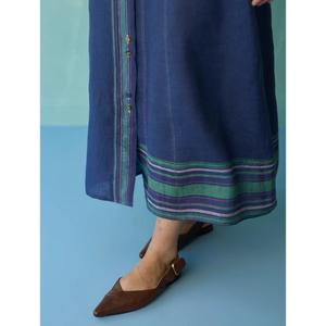 Vestido maxi de lino a rayas azules para mujer, cuello vuelto, manga tres cuartos, corte holgado informal, transpirable, para todas las estaciones. - Product Image 5