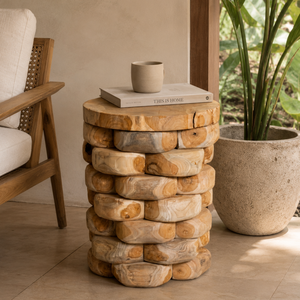 Tabouret empilable ARTERRA Premium en teck, finition galet, rustique, artisanal, texture naturelle, robuste, écologique, pour villa - Product Image 3