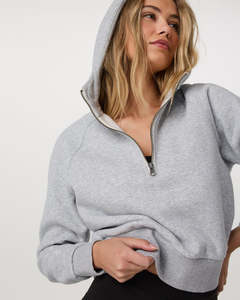 Damen Einfarbiger Beige 1/4 Zip Hoodie mit Überschnittener Schulter und Langen Ärmeln Pullover Sweatshirt - Product Image 2