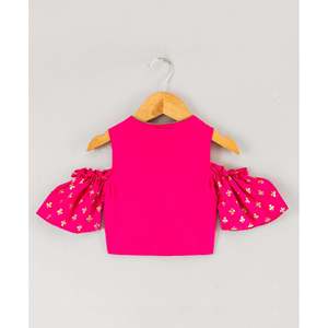 Women's Half-Sleeved <b>Top</b> with Lehenga in Pink & SeaGreen Polyester Girls' Set - Product Image 5