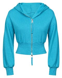 Womens Teal Blue <b>Cropped</b> <b>Zip</b> <b>Up</b> Hoodie Slim Fit Long Sleeve Casual Streetwear Cotton Fleece Sweatshirt Custom Logo ODM Factory - Product Image 1