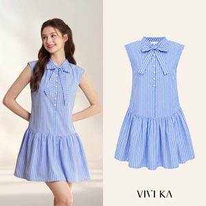 ODM OEM Women's Blue Striped Cap Sleeve Mini Dress <b>Drop</b> Waist Pleated Hem <b>Stand</b> Neck Bow Front Button Shirt Breathable Worsted - Product Image 1