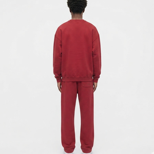 Men's <b>Red</b> Cotton Tracksuit Crew Neck Sweatshirt Jogger Set Loose Fit Solid Color Casual Autumn Wear Full Length Side Pockets - Product Image 2