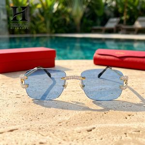 Luxury Rimless Rectangle <b>Sunglasses</b> Men Women Full Diamond Baguette Iced Out Temples Gradient <b>Blue</b> <b>Lens</b> Eyewear - Product Image 3
