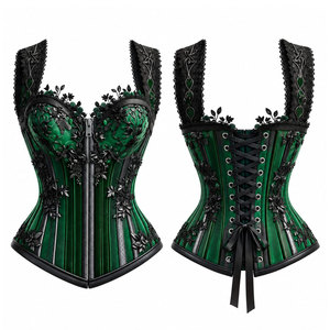 <b>Green</b> Embroidered <b>Corset</b> With Black Lace Trim Front Zip Back Lace-Up Design Women Shapewear Firm Control - Product Image 1