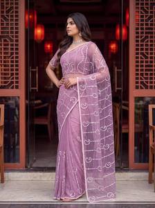 Sari en tulle brodé violet pour femme, élégant, pour fêtes et mariages, longueur au sol, toutes saisons, Gujarat - Product Image 3