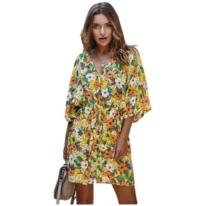 Vestido Midi Casual Elegante con Estampado Floral y Botones de Encaje, Talla Grande para Mujer, Cuello en V, Cintura con Cordón, Vestido Camisero, ODM - Product Image 1