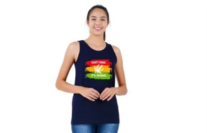 Débardeur bleu marine pour femme avec imprimé feuille de rasta « Don't Panic It's Organic » – Haut décontracté sans manches à col rond - Product Image 6