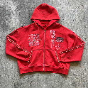 Custom Vintage Distressed Studded Zip Hoodie | Oversized Graphic Streetwear Sweatshirt OEM ODM Private Label Rhinestone Hoodies - Product Image 1