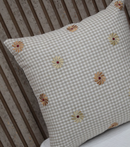 Beige Gingham Check Embroidered Daisy Cushion <b>Cover</b> 100% Linen Decorative Throw Pillow Case Farmhouse Cottage Home Decor - Product Image 1