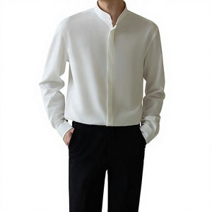 Chemise habillée décontractée pour homme à col montant uni, manches longues, tissée, boutonnée, infroissable, respirante, coupe classique, pour le printemps - Product Image 2