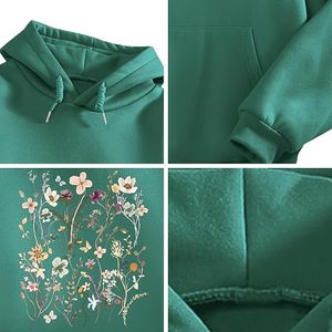 Botanical Solid Green Digital Printed 100% Cotton Fleece <b>Pullover</b> Hooded Sweatshirt with Long Sleeves and Casual Fashion Design - Product Image 4