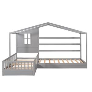 Letto a capanna in legno massello grigio, misura singola, con 2 strutture a L e recinzione per bambini - Product Image 6