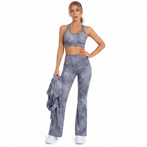 Tie Dye <b>Yoga</b> Set <b>Women</b> Racerback Crop Top High Waist Flare Leggings 3 Piece Breathable Crop Jacket Spandex Polyester Flare <b>Pant</b> - Product Image 5