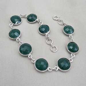 Bracelet en argent sterling 925 plaqué or avec pierre ronde facettée en onyx vert, fait main, bijoux pour femmes - Product Image 5