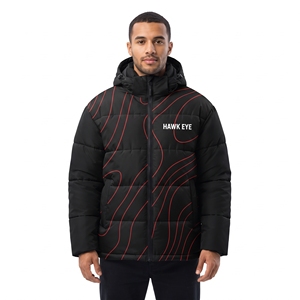 Men's <b>Black</b> Puffer <b>Jacket</b> With Red Custom Sublimated Print Hooded Winter Coat Regular Fit Casual Style Winter Outerwear - Product Image 1