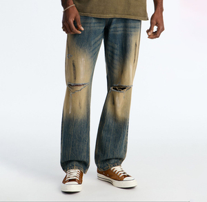 Jeans baggy délavés et usés personnalisés pour le printemps et l'automne, style vintage, denim délavé, streetwear pour hommes - Product Image 1