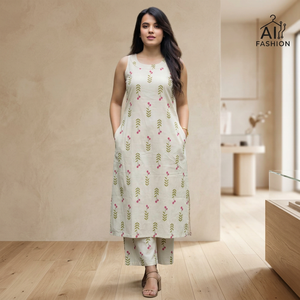 Kurti en coton beige à imprimé floral pour femme, coupe ample, longueur genou, tenue décontractée, style été, mode Inde Pakistan - Product Image 1