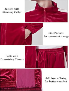 Ensemble de survêtement en velours de luxe pour homme – Sweat-shirt zippé en velours rouge foncé et pantalon assorti à empiècements latéraux - Product Image 5