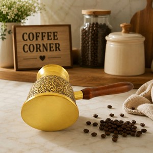 Decorative Engraved Cezve Coffee <b>Pot</b> With Wooden Handle - Product Image 4
