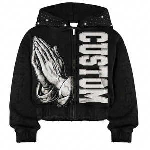 Custom Prayer Hands Graphic Zip Up <b>Hoodie</b> Premium Rhinestone Streetwear Oversized <b>Gothic</b> <b>Hoodie</b> Private Label OEM Manufacturer - Product Image 1