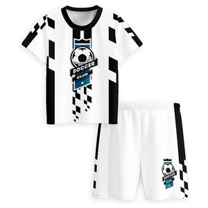 Tenue de football complète pour enfants - Maillot et short rayés blancs et noirs sublimés, impression par transfert thermique 100% polyester - Product Image 1